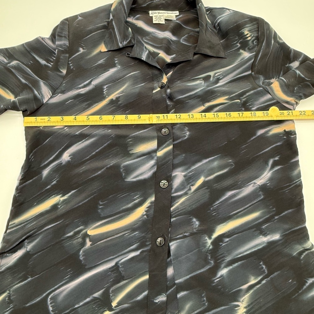 Aliki Yamani Creations Silk Blouse Womens Medium Black Abstract Button Front - Picture 6 of 8
